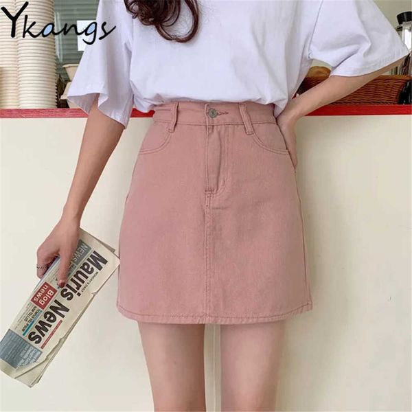 

solid denim mini high elastic waist package hip skirt women a-line black jeans skirt simple summer daily students cute pink 210619