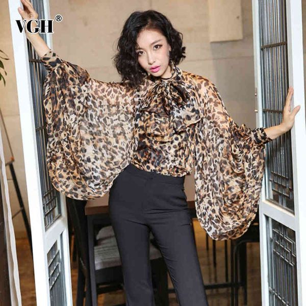 

vgh casual white shirt for women stand collar lantern sleeve back split see through blouse female autumn fashion new tide 210421