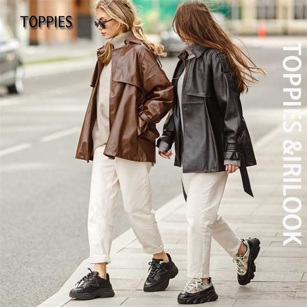 Toppies Giacca moda in ecopelle nera Cappotto da donna con cintura e bottoni Giacca da donna outwear 211007