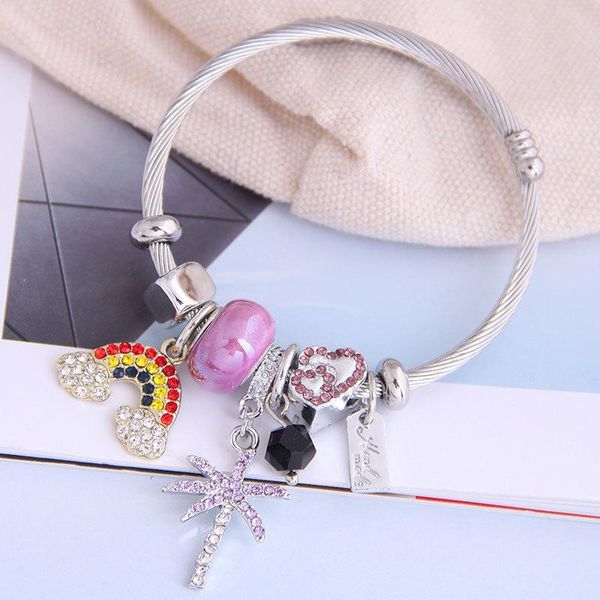 

bangle stainless steel bracelets for women crystal rainbow coconut tree cuff bangles femme fashion silver color wire charms jewelry, Black