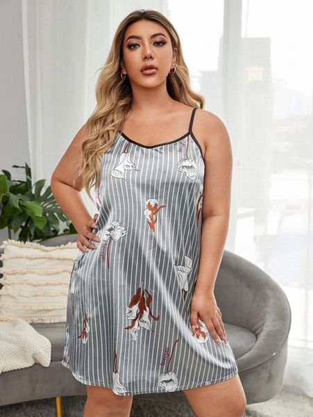 

plus striped & floral print satin nightdress u4gt#, Black;white