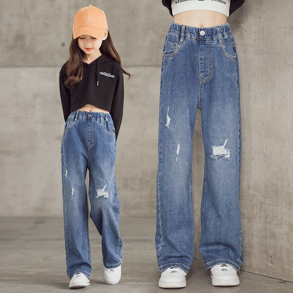 

new arrival girls jeans wide leg pants straight cotton children ripped jeans loose denim trousers fashion kid big girls clothing, Blue