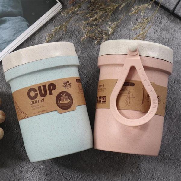 

300ml healthy material wheat straw sealed soup cup with lid water breakfast portable lunch box microwave dinnerware sets
