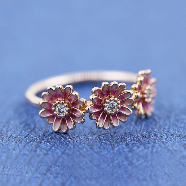 Rosa Gänseblümchen-Blume mit Zirkonia-Stein-Bandring, passend für Pandora-Schmuck, Verlobung, Hochzeit, Liebhaber, modischer Ring für Frauen