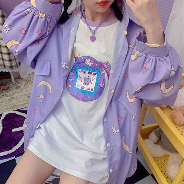 

japanese korean style kawaii jk women shirts uniform oversized cute designer moon print button up autumn, White