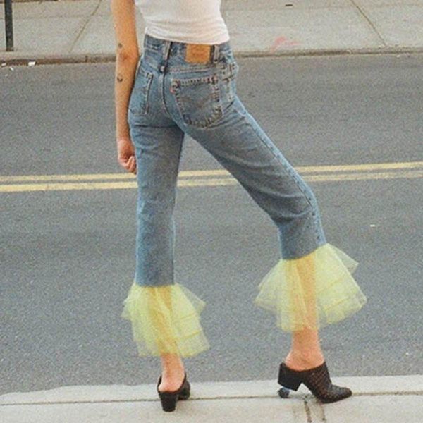 

women's jeans women casual black office lady vintage sweet slim denim thick falbala mesh female fashion fall yellow elegant bellbottoms, Blue