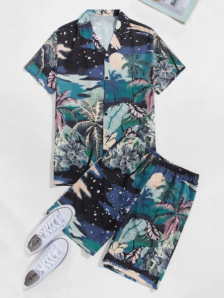 

men lapel collar landscape print pj set p4pr#, Gray