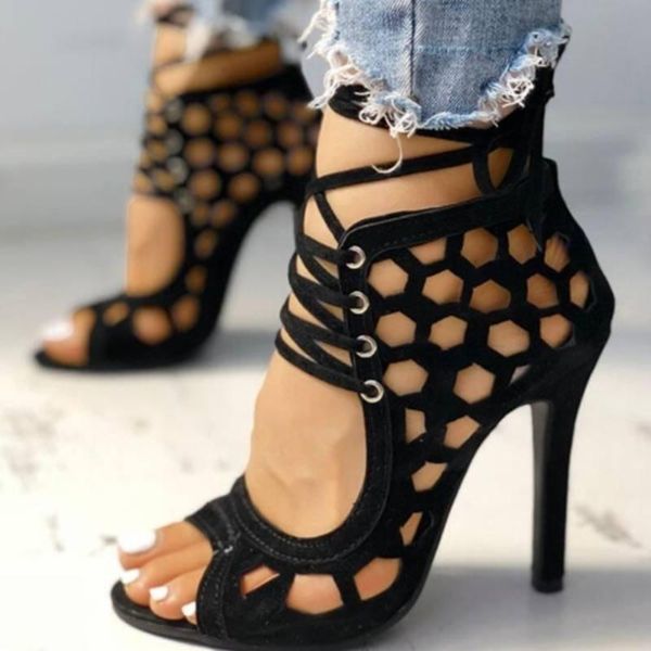 

women summer high heels sandals peep toe hollow-out stilettos gladiator shoes cut out fashion casual party plus size pumps dress, Black