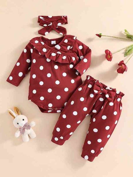 Baby Polka Dot Print Ruffle Trim Body Paperbag Pantaloni a vita con fascia SHE