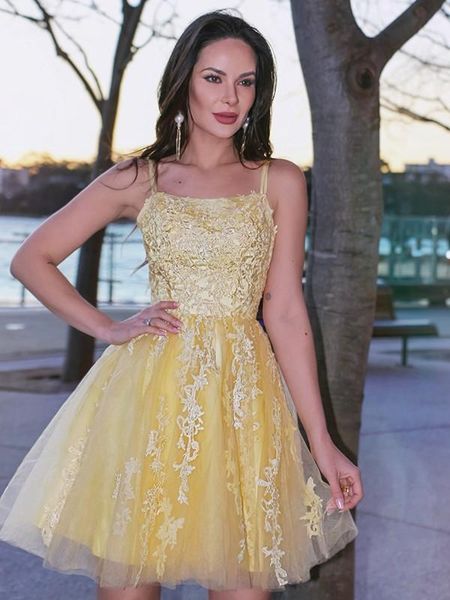 

party dresses yellow a-line strapless above knee, min tulle lace up cocktail dress with spaghetti strap applique, White;black