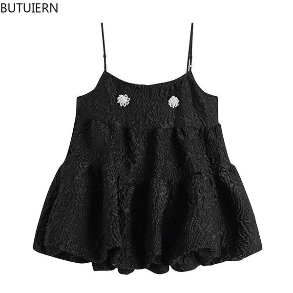 

casual dresses vintage draped sleeveless black sweet spaghetti strap crop dress women wrinkled design chic brooch elegant party frocks, Black;gray