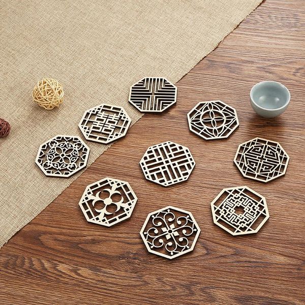 

mats & pads 2 pcs retro hollow wooden heat insulation pad non-slip wood placemats table mat polygon cup art home decor