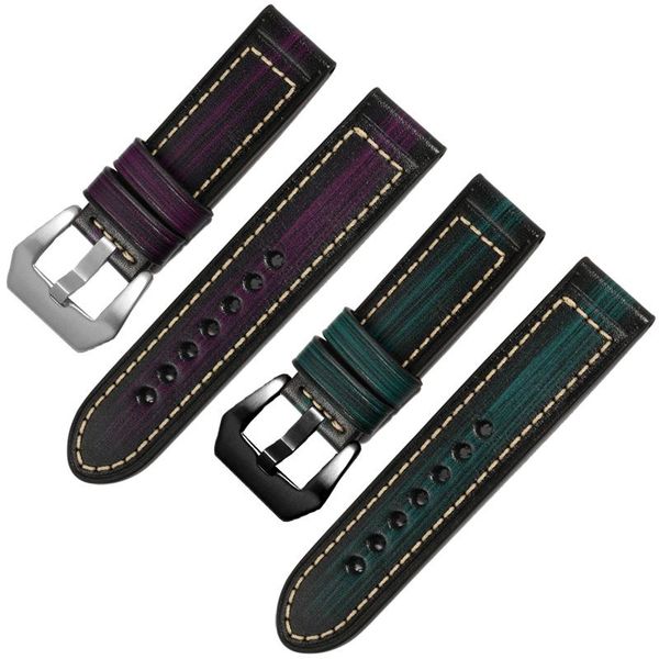 

watch bands peiyi men's retro cow leather strap 22mm 24mm 26mm brown purple bracelet replacement for pam111 chain, Black;brown