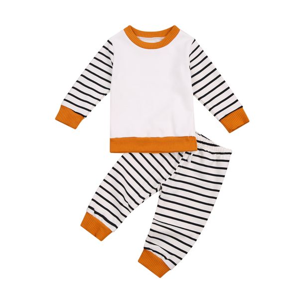 

0-24m newly infant baby boys girls clothes sets striped patchwork long sleeve pullover pants 2pcs, White