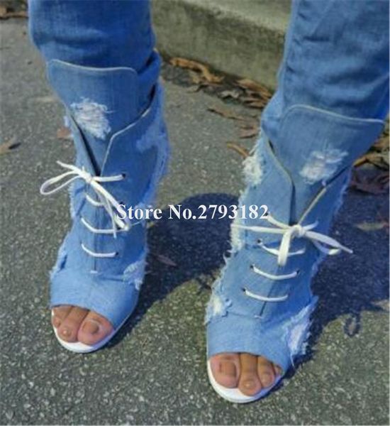 

boots women fashion peep toe blue denim stiletto heel short cut-out lace-up high ankle booties motorcycle shoes, Black