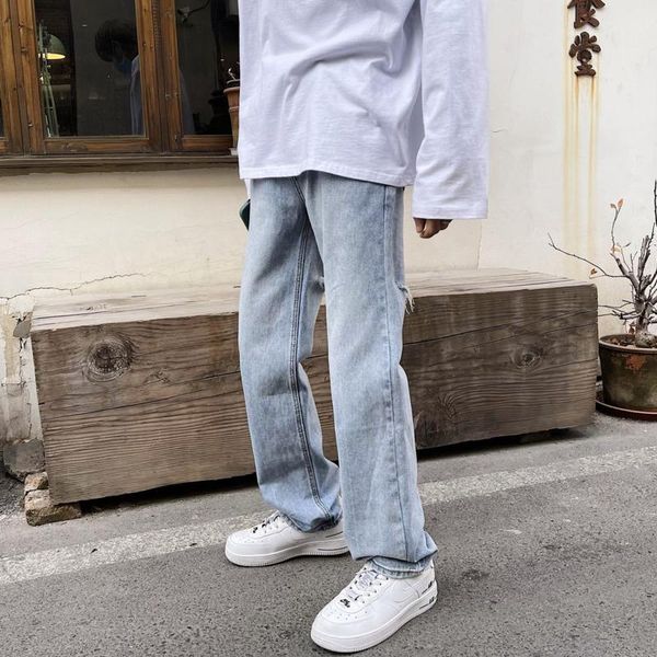 

men's jeans korean wide-leg slim fashion casual ripped men streetwear loose hip-hop hole straight denim trousers mens, Blue