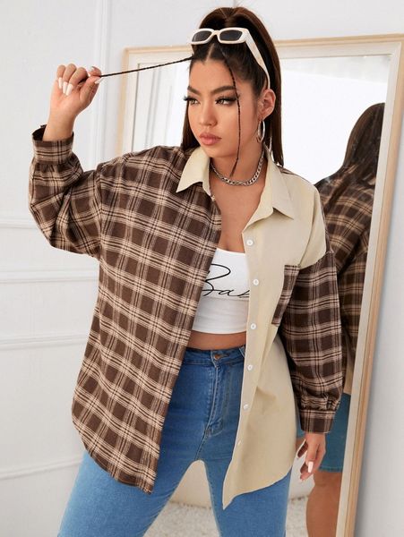 

plus plaid patched pocket drop shoulder blouse j3fd#, Black