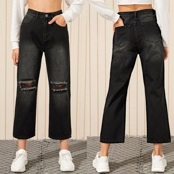 

woman's jeans black high waist straight wide leg denim trousers loose pants s-xl women's, Blue
