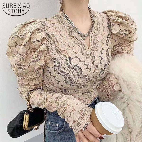 

bubble sleeves lace women spring temperament thin v-neck hollow out hook flower long sleeve bottom shirt blouise 13766 210508, White
