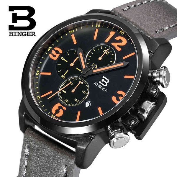 

real switzerland binger brand men's quartz watch leather band waterproof sports calendar military big scoreboard chronograph, Slivery;brown