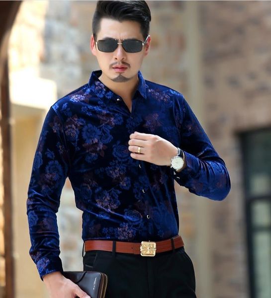 

men's casual shirts floral mens winter thick shirt long sleeve velvet dress black blue silk business thicken warm size -3xl, White;black