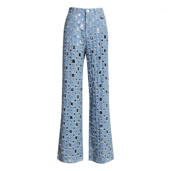 

personalized jeans women's autumn 2021 retro distressed holes hollow washed edges loose wide-leg pants, Blue