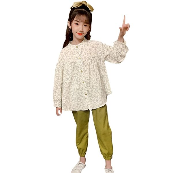 

teen girls clothing floral pattern blouse + pants clothes for casual style children's tracksuits 210528, White