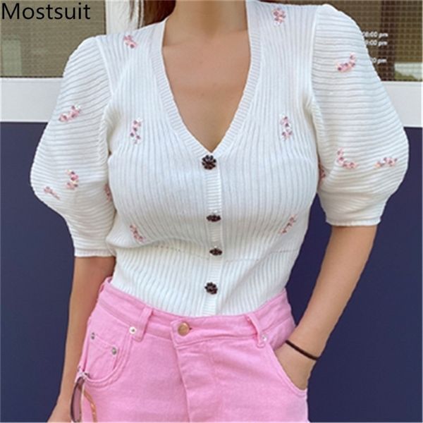 

deep v-neck sequins women cardigan sweater spring single-breasted puff sleeve high stretch korean fashion jumpers 210513, Black