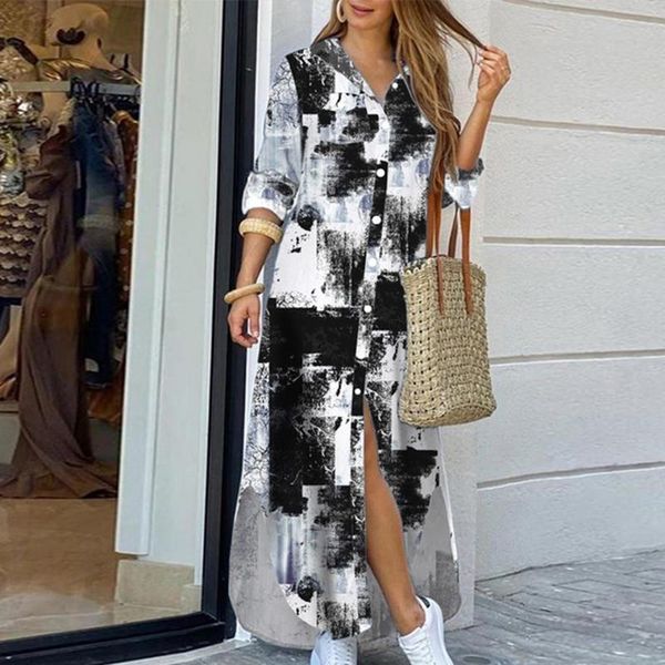 

s-4xl plus size women elegant buttoned slit shirt dress summer party maxi casual loose long sleeve beach dresses vestidos, Black;gray