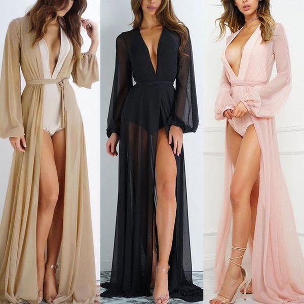 

european american women's fashion solid color sunscreen beach long skirt mesh cardigan chiffon sleeve cloak swimwear, White;black