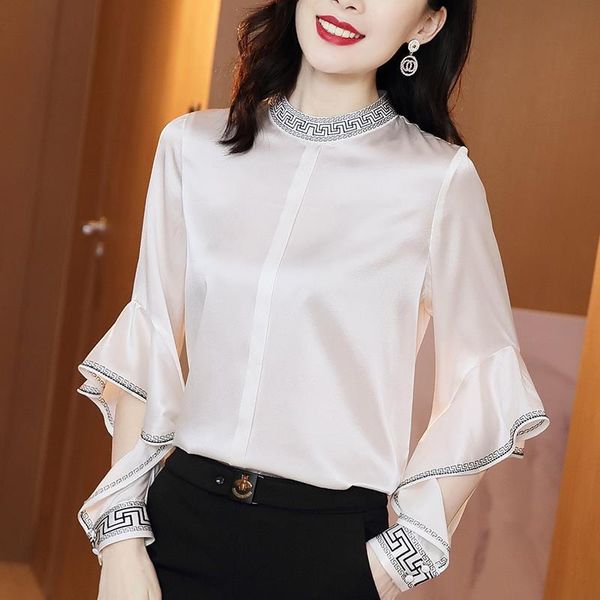 

women elegant vintage silk ruffles sleeves blouse office high street lady shirts autumn shirt female blusas women's blouses &, White