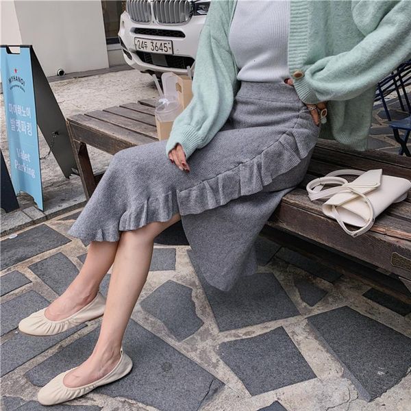 

skirts [ewq] 2021 autumn winter strike asymmetrical scaffolding elegant women high waist mode midi knitted ruffle skirt ql62901, Black
