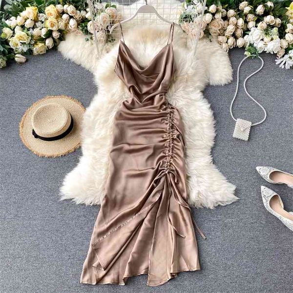 

women dress fashion pleated v-neck halter high waist slim drawstring asymmetrical solid color vestidos m546 210527, Black;gray