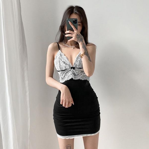 

woman y2k dress spaghetti strap white lace and black patchwork mini bodycon v-neck bow korean lolita style casual dresses, Black;gray
