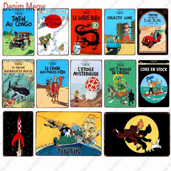 Tintin Catoon Film Tabela Metal Plaka Duvar Sanat Poster Demir Boyama Bar Kahve Çocuk Odası Duvar Zanaat Ev Dekor WY66 H1110