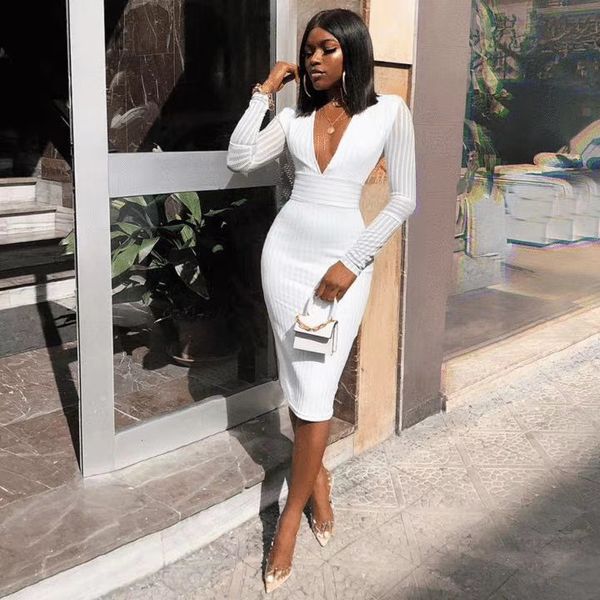 

dresses women winter long sleeve deep v neck white black midi bodycon bandage 2021 designer evening party vestido, Black;gray