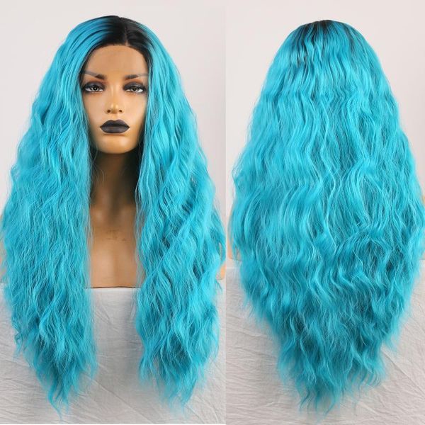 

synthetic wigs charisma long wavy hair ombre blue wig lace front with black roots heat resistant fiber for women