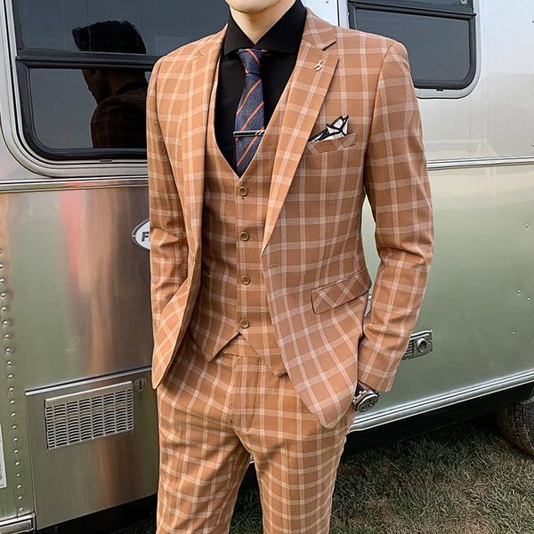 

men's suits & blazers 3 piece autumn luxury tuxedo suits/male casual business plaid groom's wedding dress jacket+vest+pant 5xl, White;black