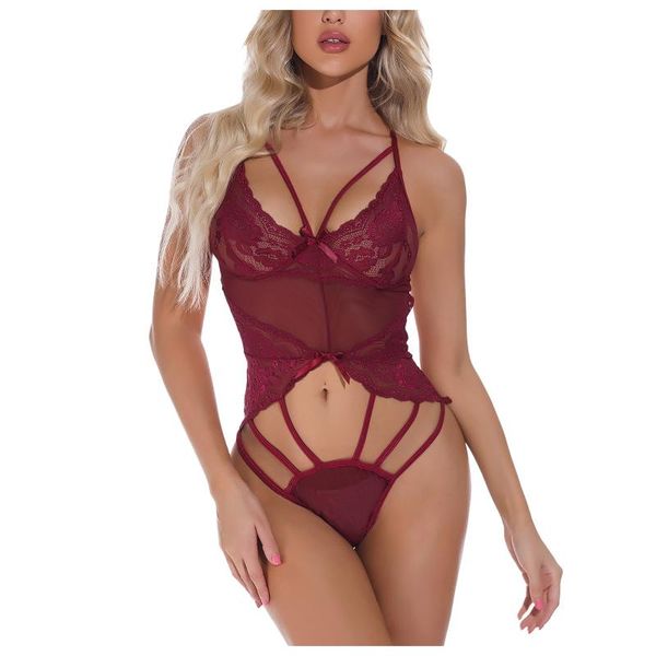 

bras women lace one-piece lingerie bandage deep v teddy bodysuit hollow out open push up bra and panty two-piece suit black, Red;black
