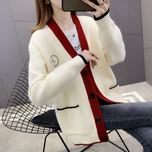 

women's knits & tees 2021 ladies fashion casual autumn and winter sweater knit cardigan loose long-sleeved v-neck color matching jacket, White