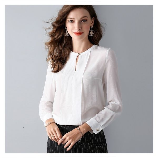 

blouses high-end women's simple elegant women's, white round neck all-match loose silk shirt 2021 fashion style
