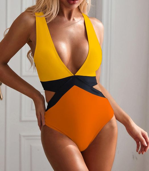 

2021 womens swimsuit plunge swimwear bandage bathing suit monokini one piece swimsuit colorblock bodysuit bather swim wear