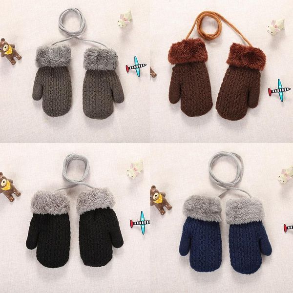 

full finger mittens warm gloves winter cute plush with rope baby boys girls knitted 1-4y hair accessories, Slivery;white