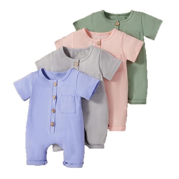 

jumpsuits born baby romper short sleeve button playsuit boy girls infants clothes for pography birthday party summer 2021 0-12m, Blue