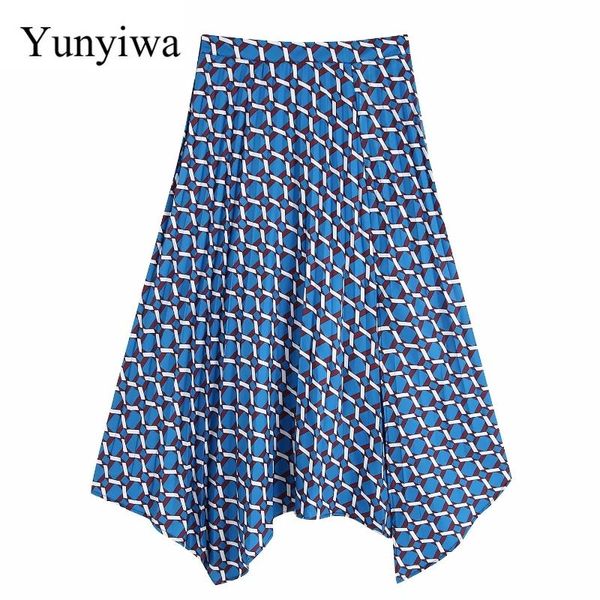 

skirts 2021 women elegant geometrical print irregular hem pleated skirt faldas mujer ladie side zipper casual chic, Black