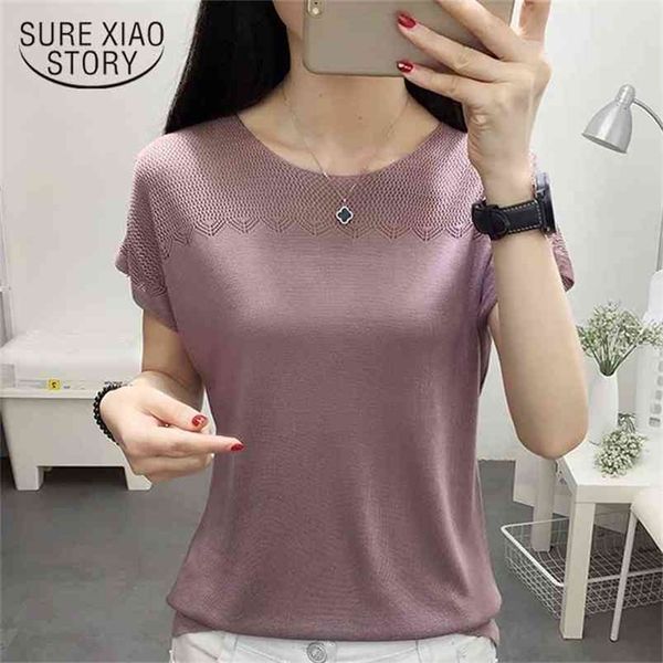 

fashion women blouses summer short sleeve female elegant hollow out knitted blusas 3538 50 210506, White
