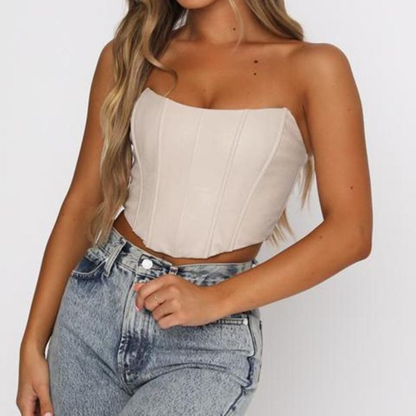 

women's tanks & camis pu leather corset clothing solid color tube off shoulder ribbed irregular hem for female, White
