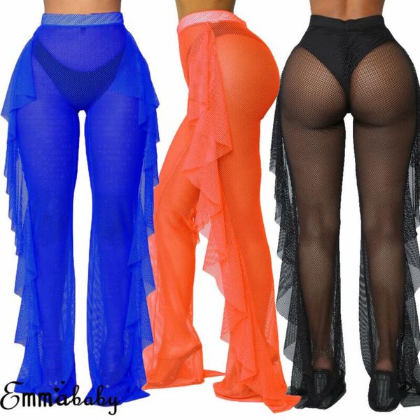 

women's swimwear summer high elastic waist ruffles side cover-ups women mesh sheer fishnet pant trousers bikini cover up beach bathing, White;black