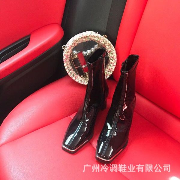 

short boots women's autumn and winter square head black patent leather side zipper high heel thick heel patent leather