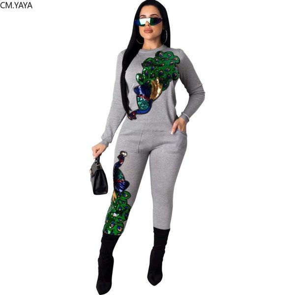

two piece dress 2021 winter women sets full sleeve pants suits sequins peacock set night club tracksuits fitness outfits gl7072, White